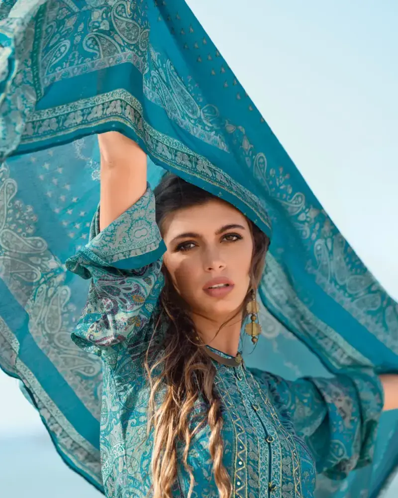 Blue Printed Crepe Salwar Suit
