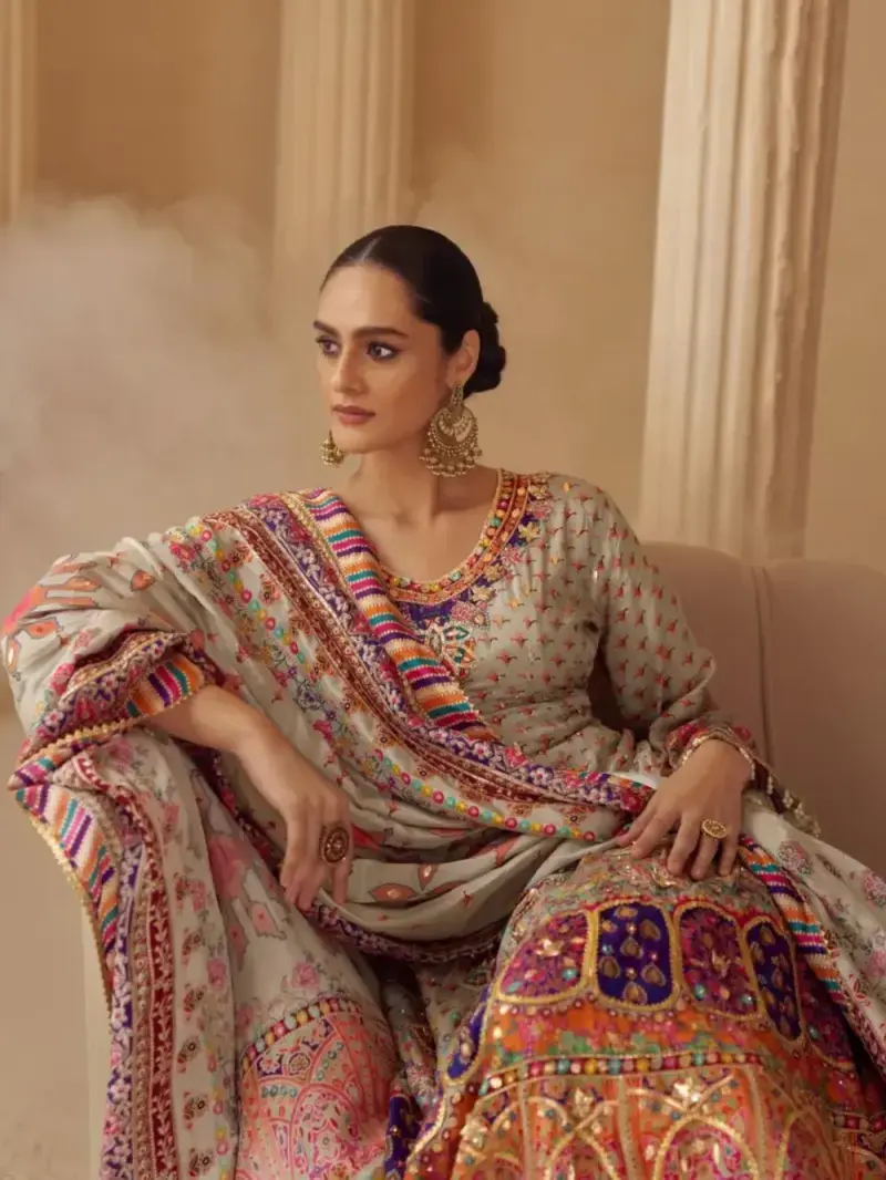 Ivory Beige Natural Crepe Silk Printed Palazzo Suit With Hand Aari Work