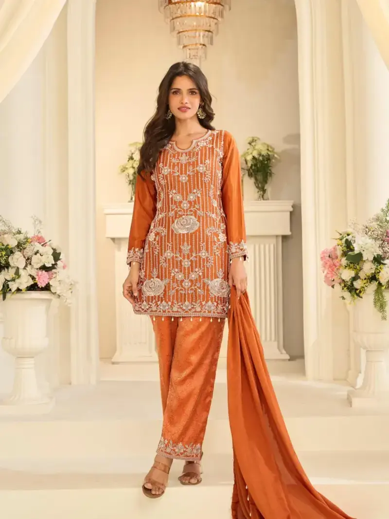 Orange Viscose Jacquard Silk Heavy Beads Work Palazzo Suit