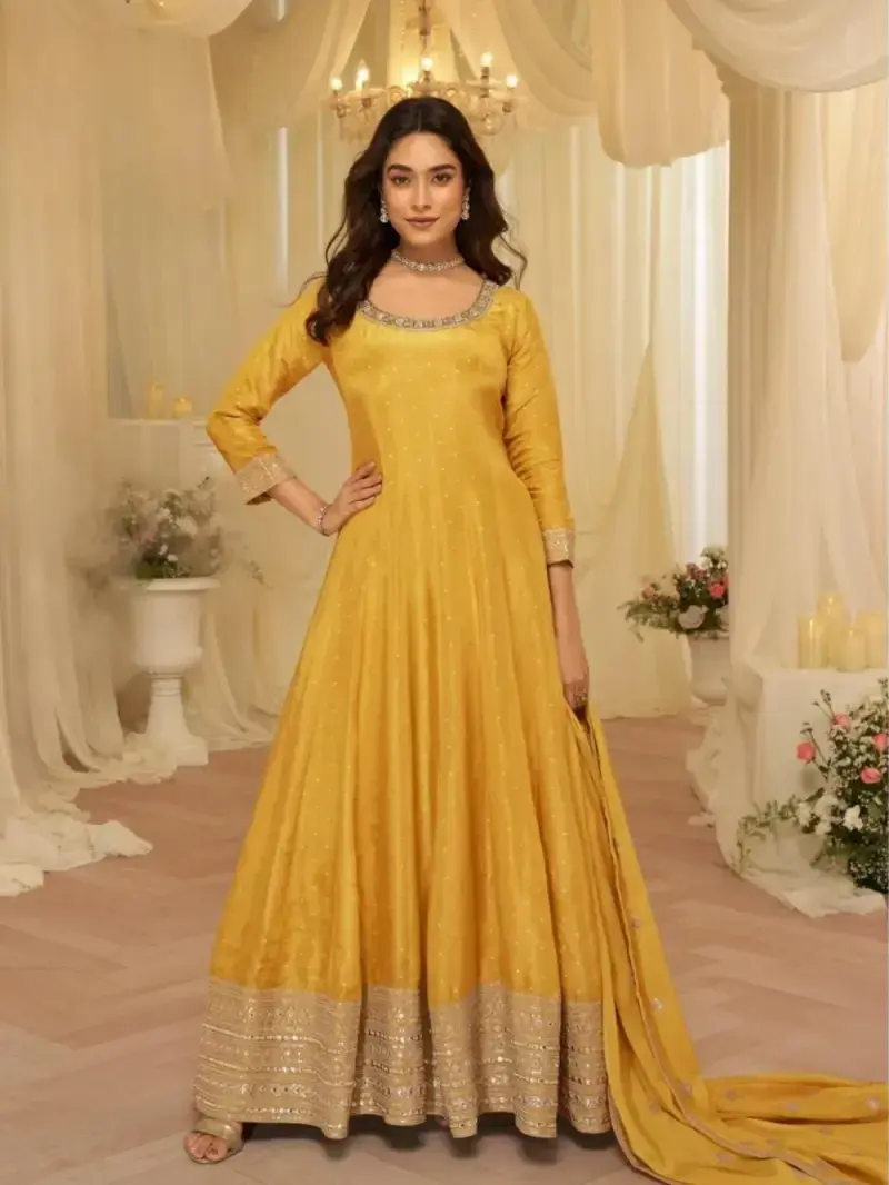 Yellow Pure Viscose Jacquard Silk Embroidered Anarkali Gown