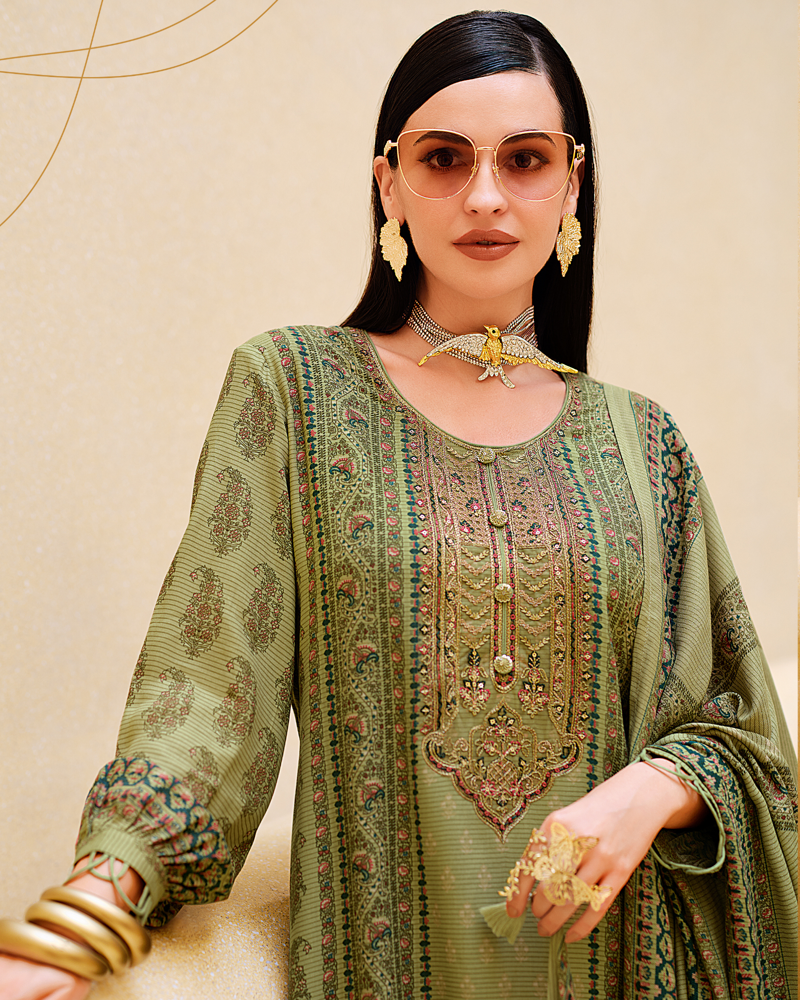 Pista Green Pashmina Suit