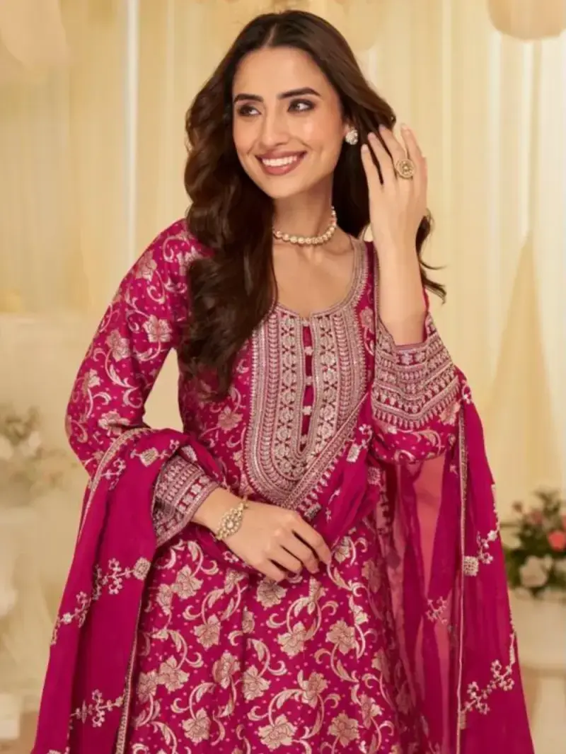 Rani Pink Viscose Jacquard silk Embriodered Anarkali Gown