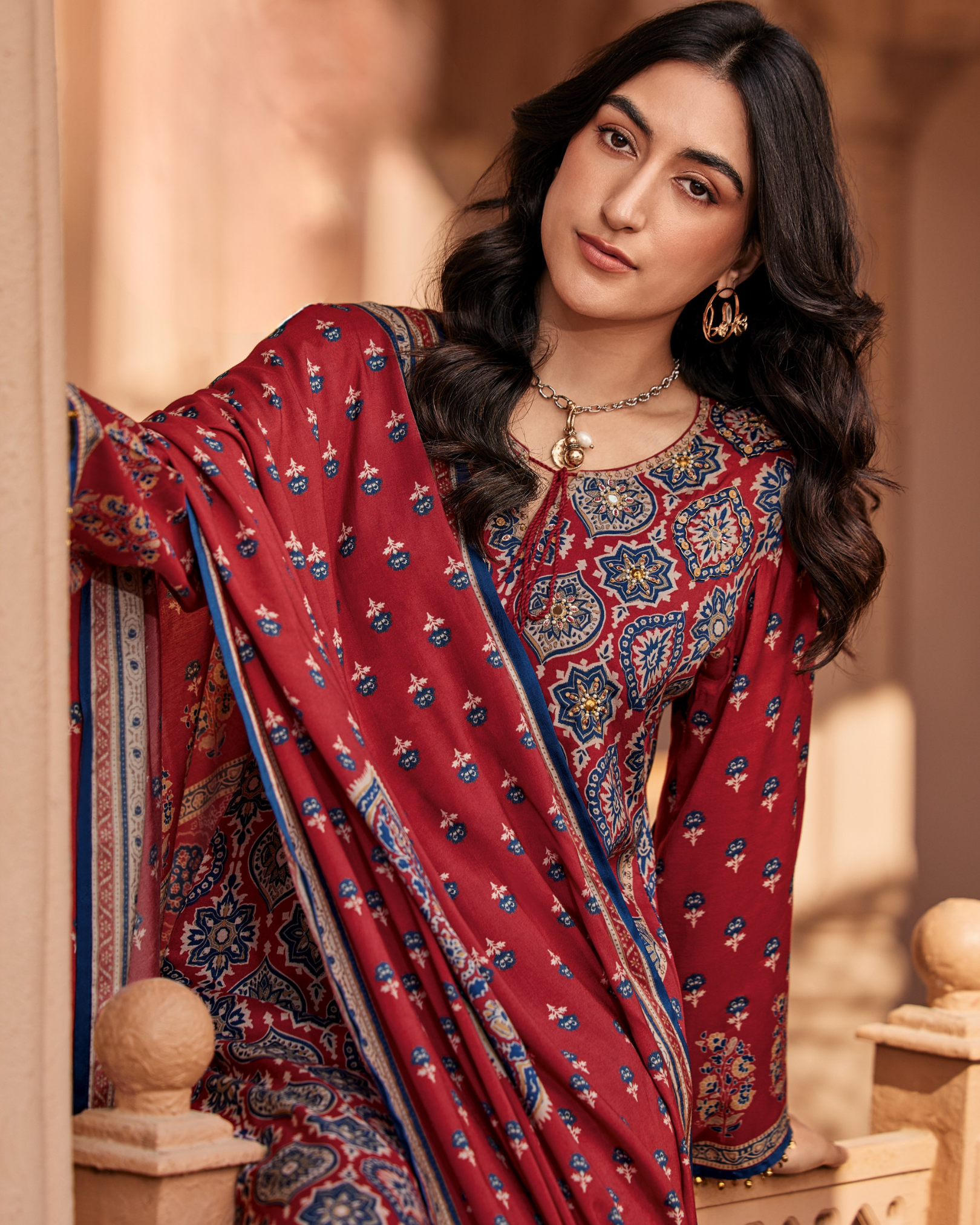 Red Fancy Cotton Ladies Suit