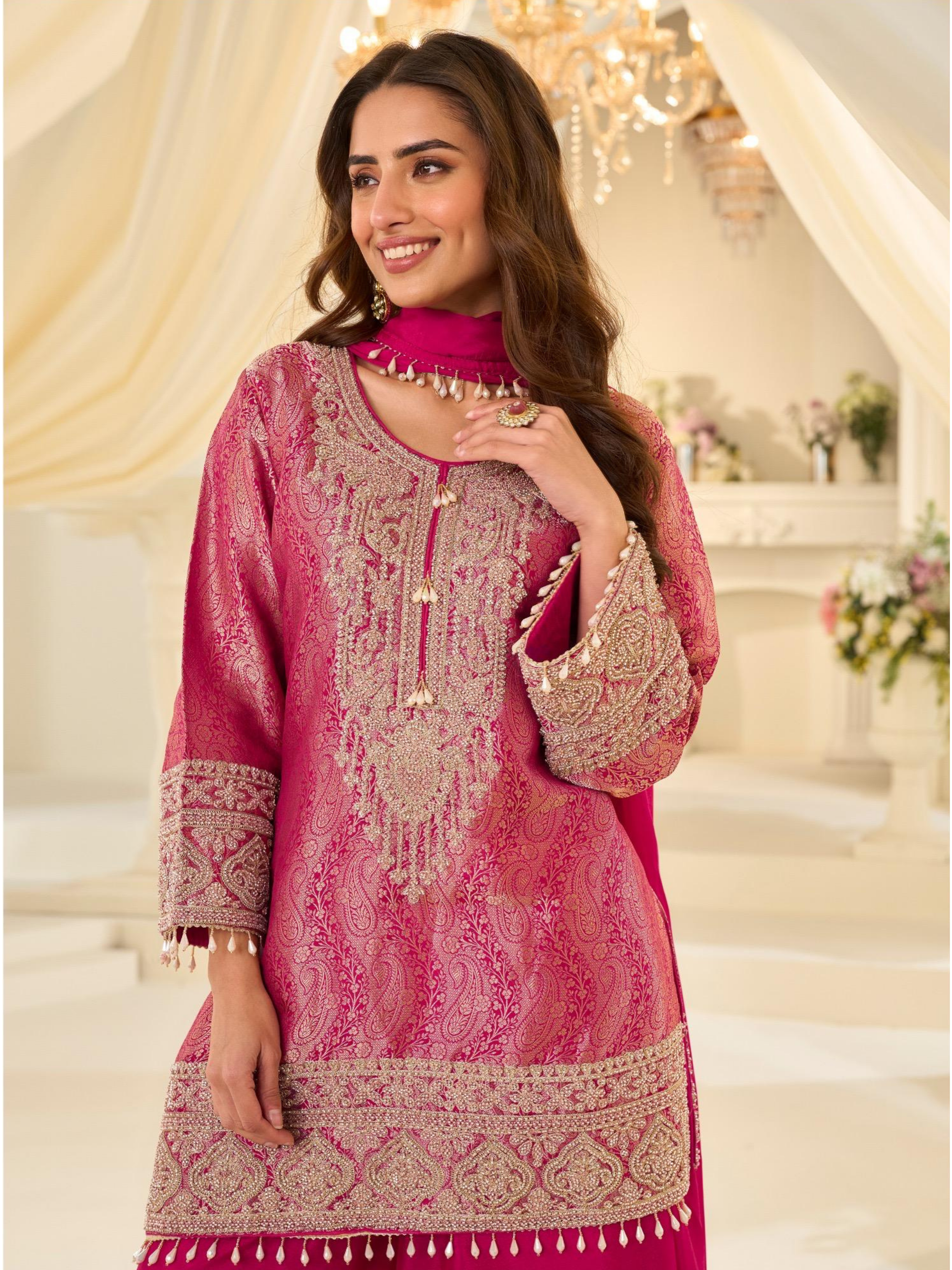 Hot Pink Premium Chinon Silk Beads Embroidered Palazzo Set