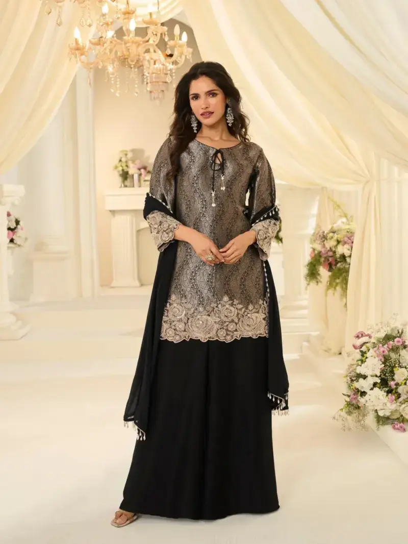 Black Premium Chinon Silk Embroidered Palazzo Suit