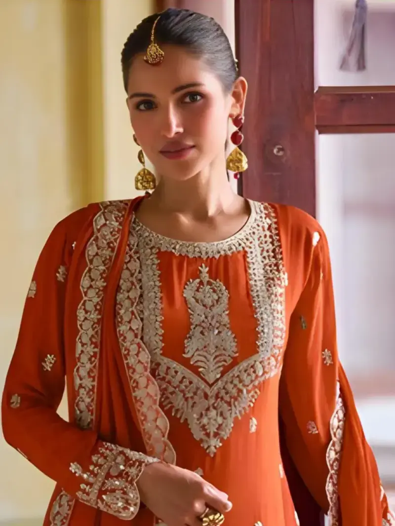 Rust Orange Real Chinon Embroidered Suit Set With Dupatta