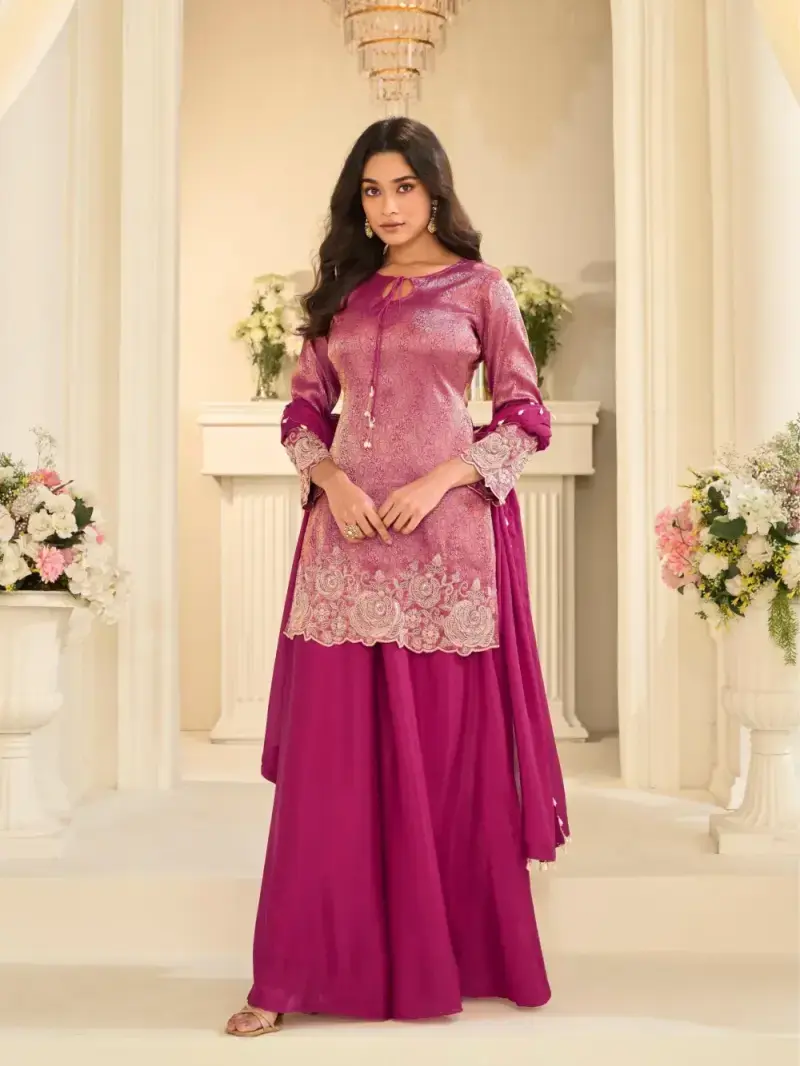 Hot Pink Premium Chinon Silk Beads Embroidered Palazzo Suit