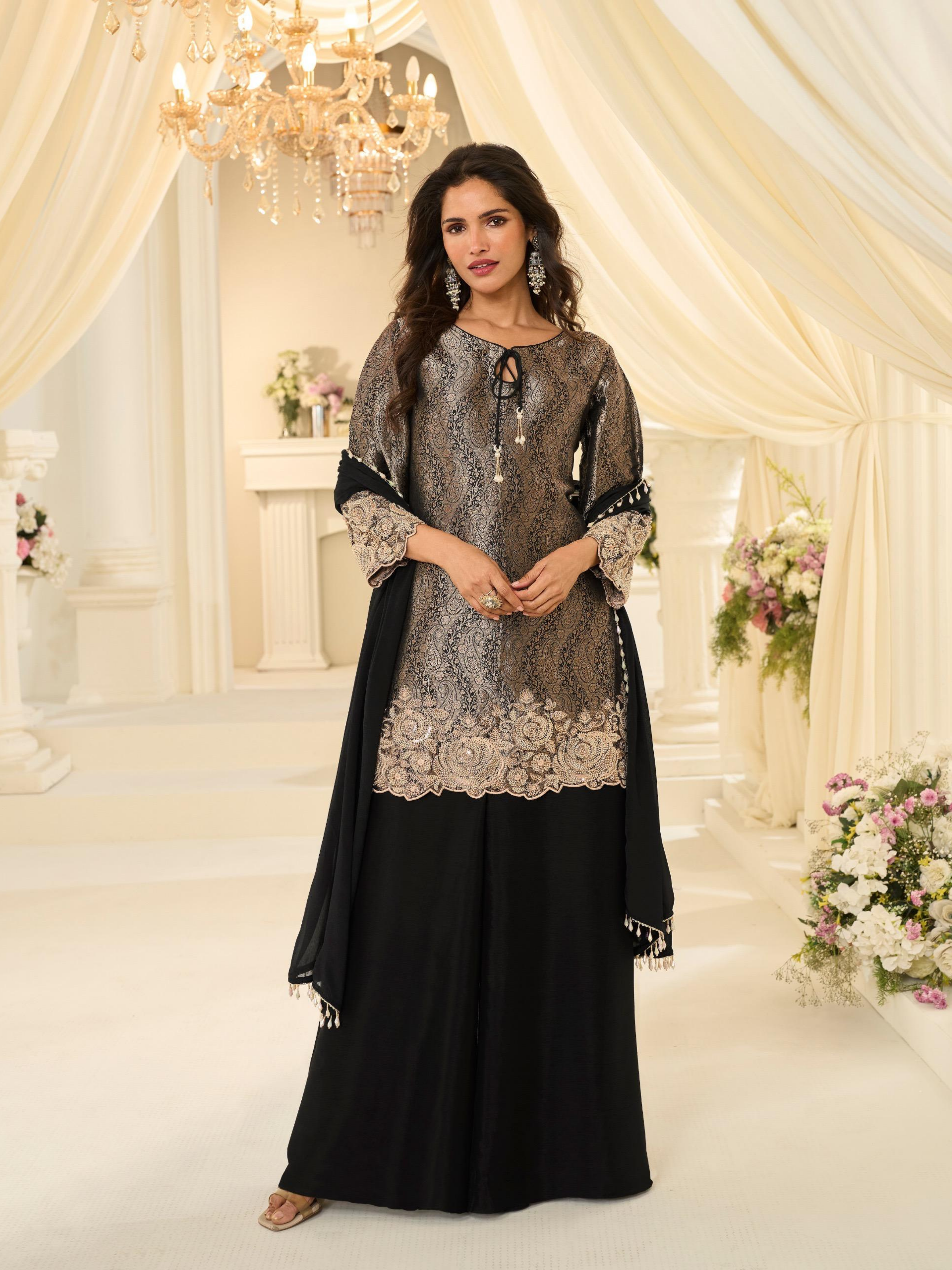 Black Premium Chinon Silk Beads Embroidered Palazzo Suit