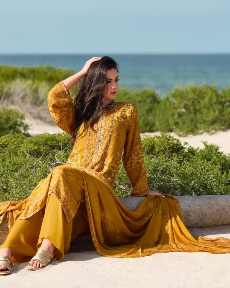 Mustard Printed Crape Salwar Suit