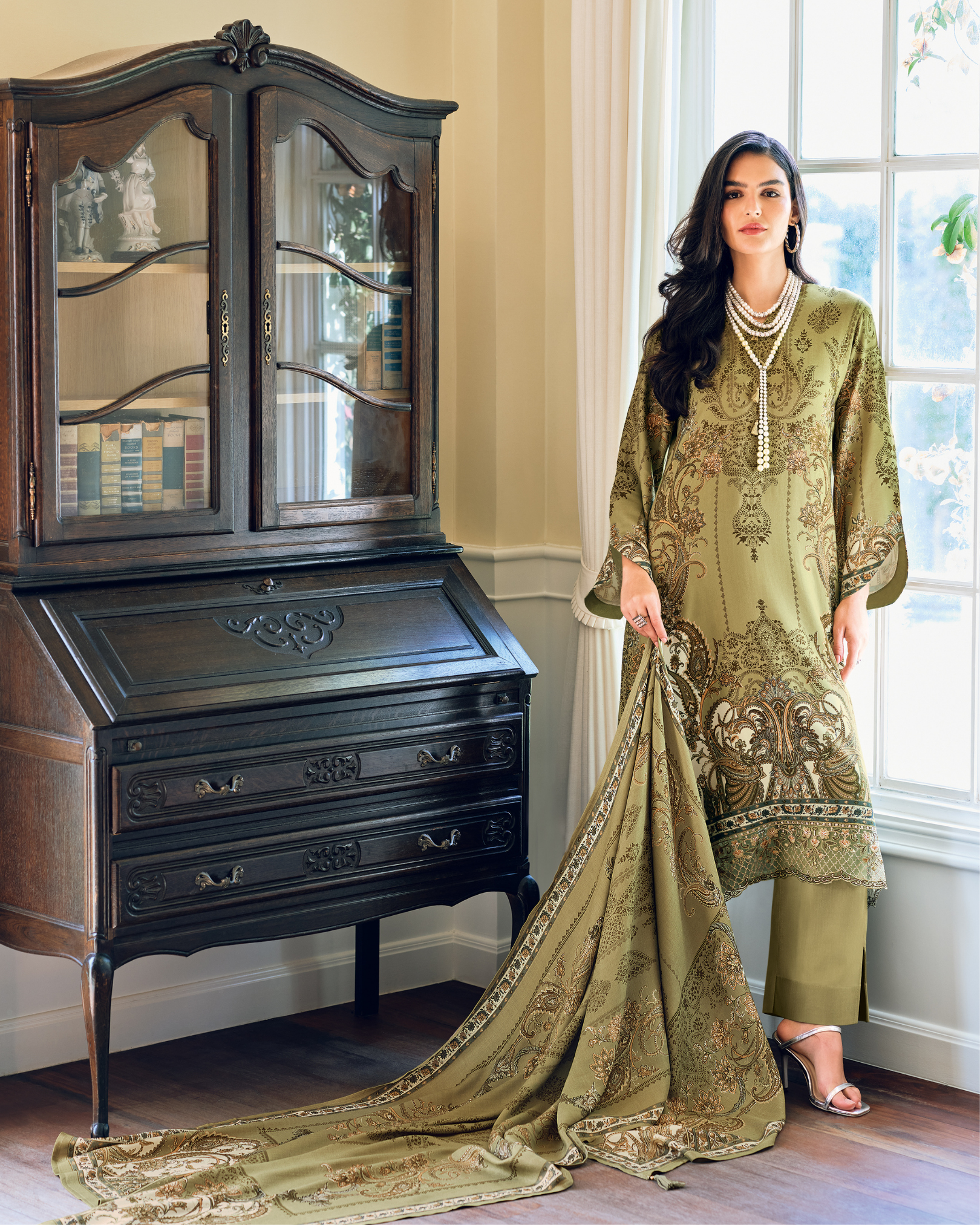 Pista Green Winter Pashmina Suit