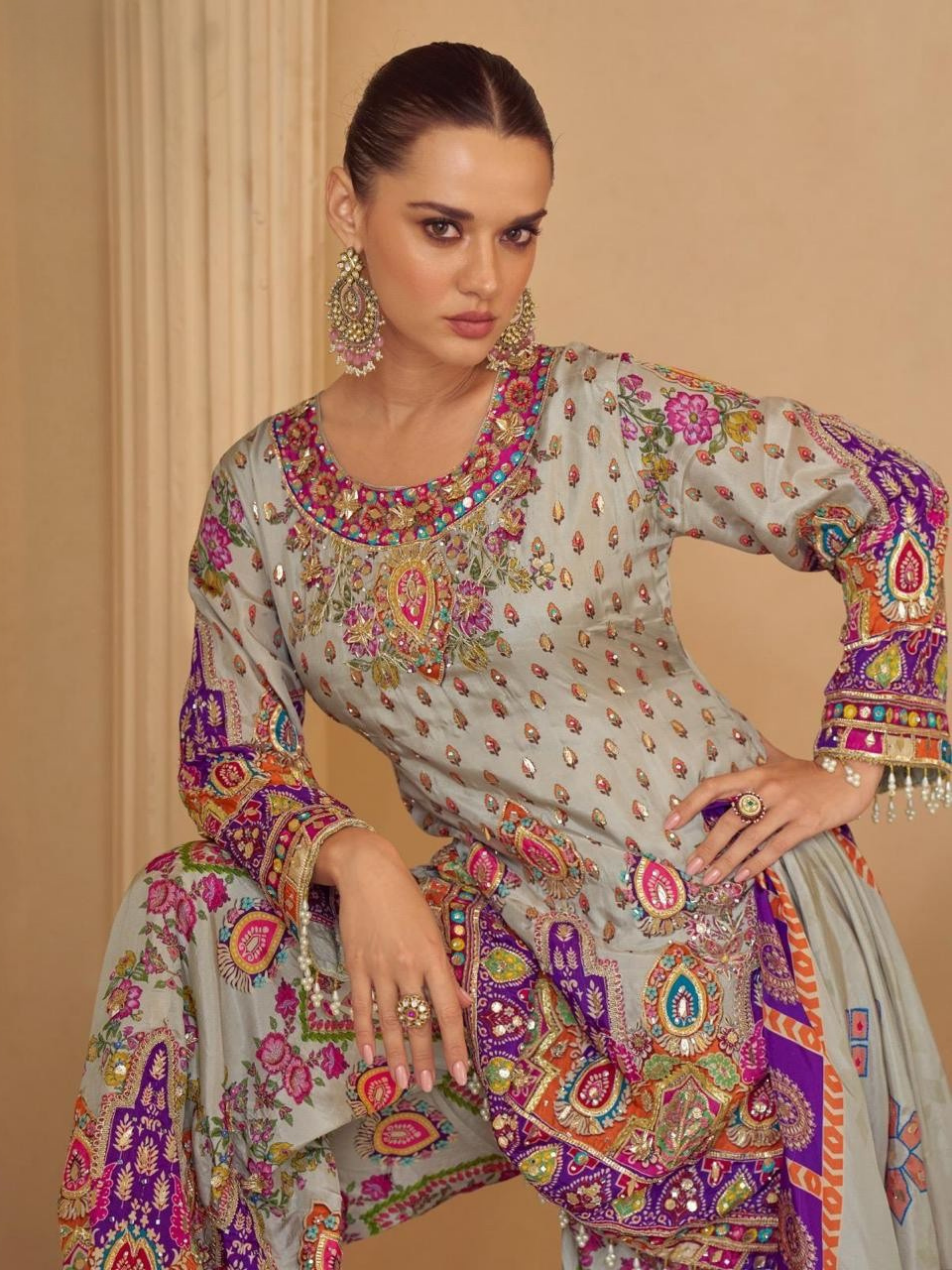 Pastel Grey Natural Silk Printed Plazzo Suit with Gota Tassel Dupatta