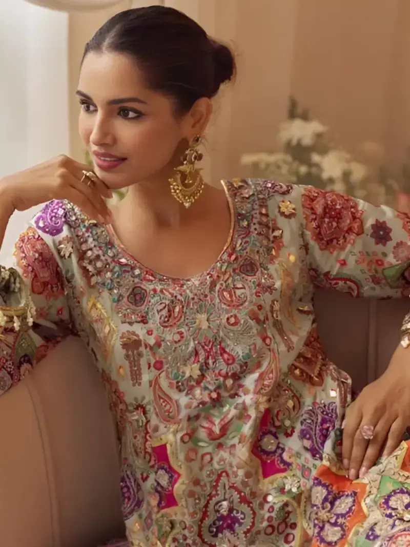 Multicolor Natural Crepe Silk Printed Palazzo Suit With Aari Gota Work