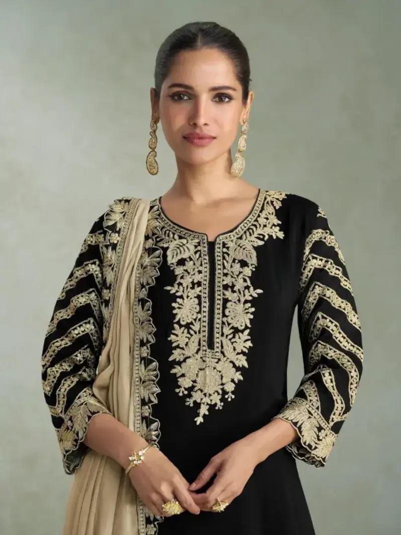 Black Premium Chinon Silk Heavy Embroidered Palazzo Suit with Dupatta