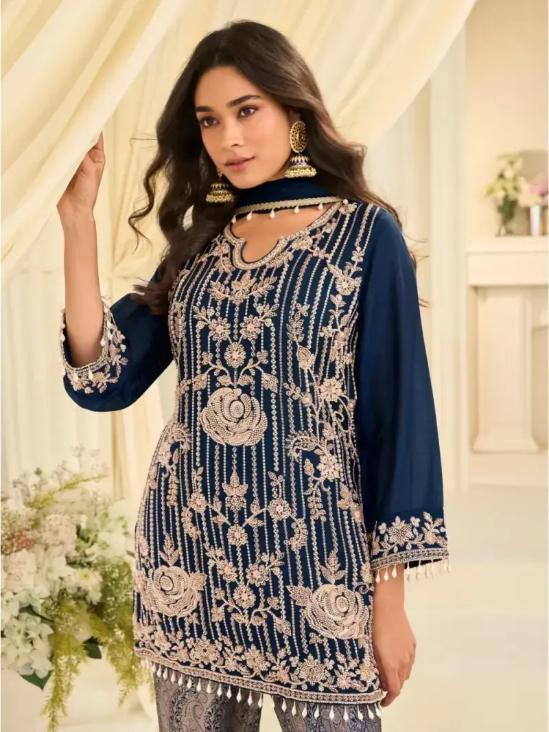 Navy Blue Viscose Jacquard Silk Palazzo Suit