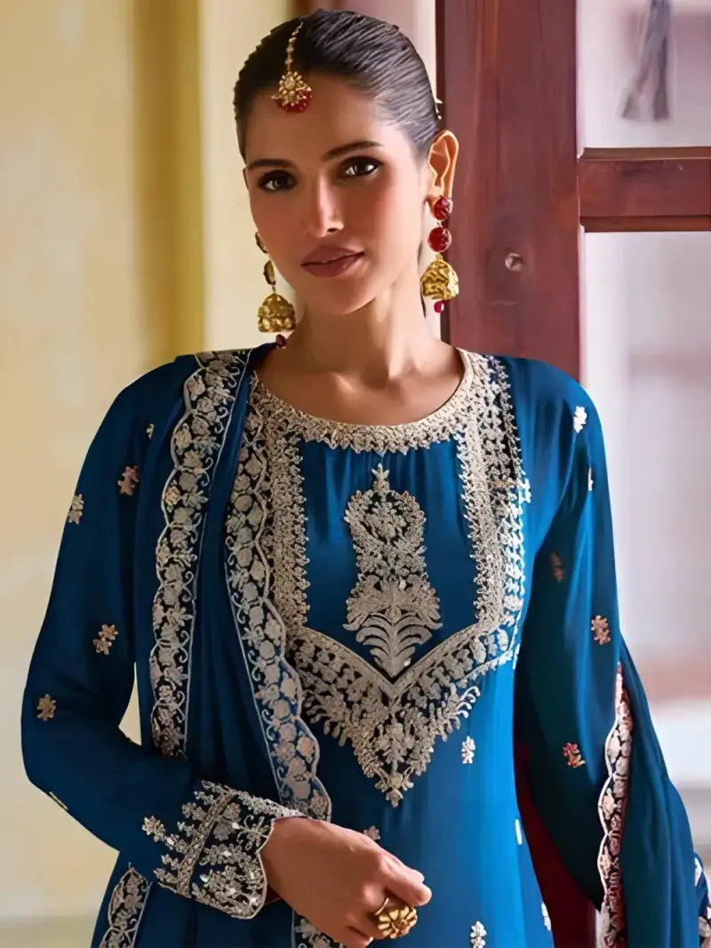 Royal Blue Real Chinon Embroidered Suit Set With Dupatta