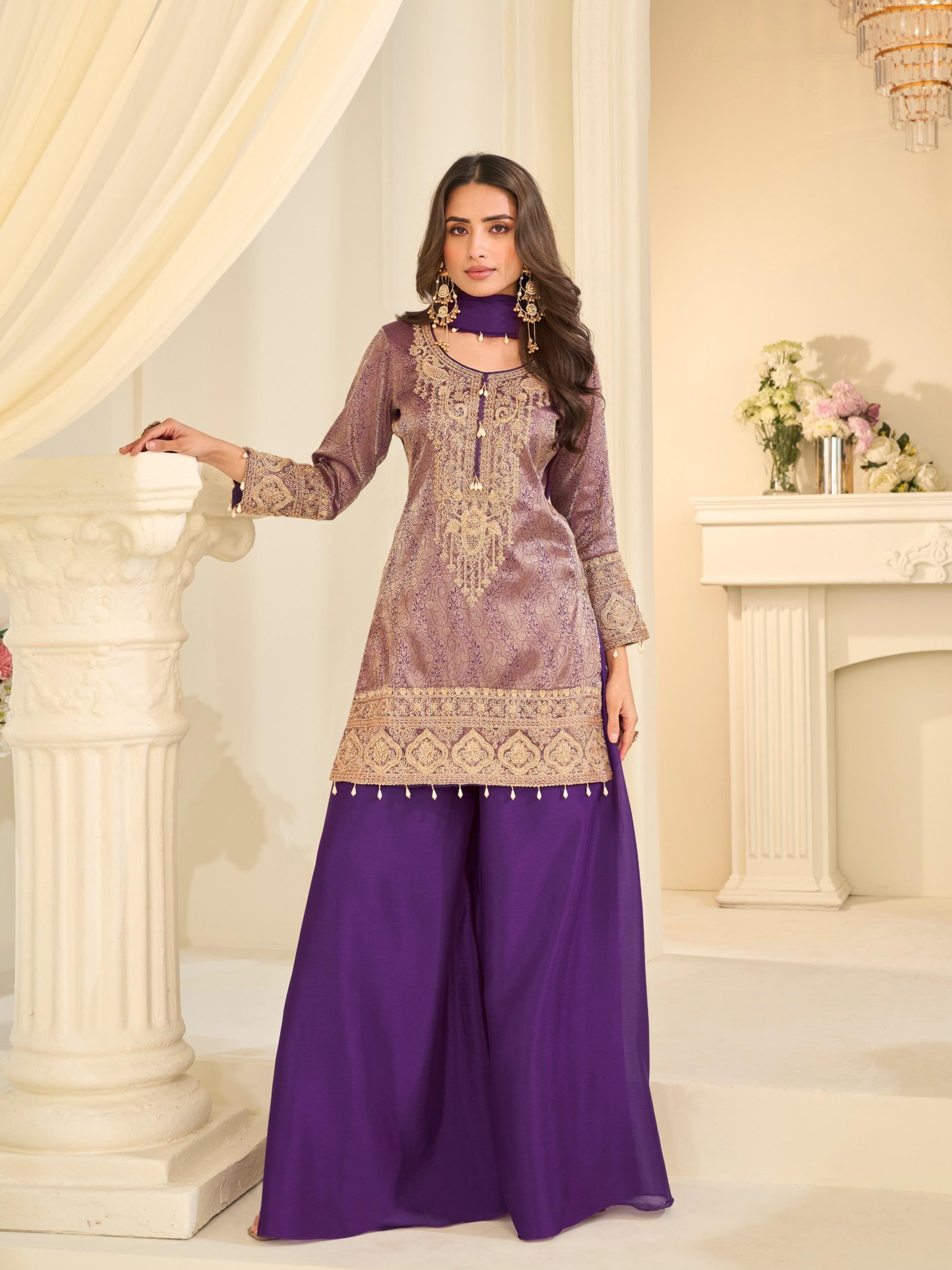Violet Premium Chinon Silk Beads Embroidered Palazzo Set