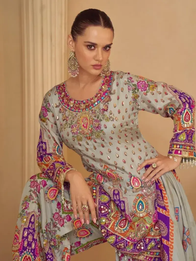 Pastel Grey Natural Silk Printed Plazzo Suit with Gota Tassel Dupatta