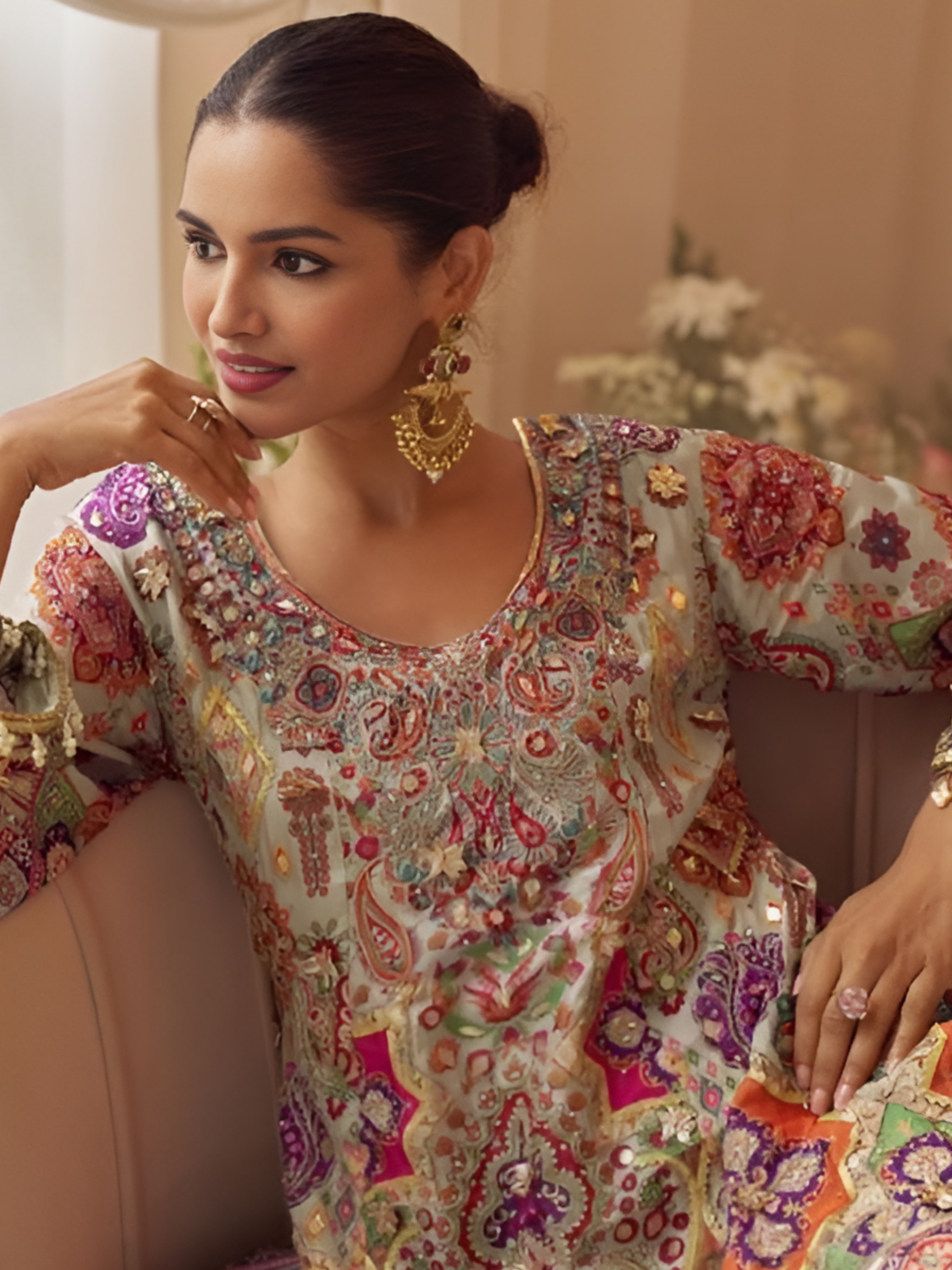 Multicolor Natural Crepe Silk Printed Palazzo Suit With Aari Gota Work