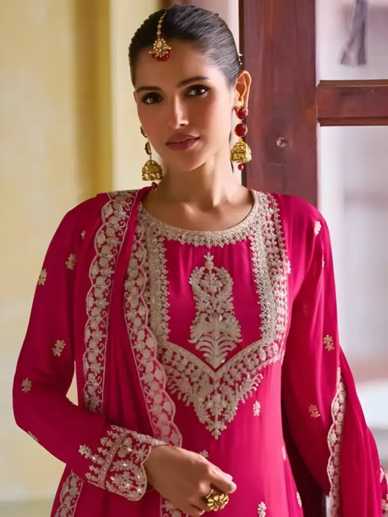 Rani Pink Real Chinon Embroidered Suit Set With Dupatta