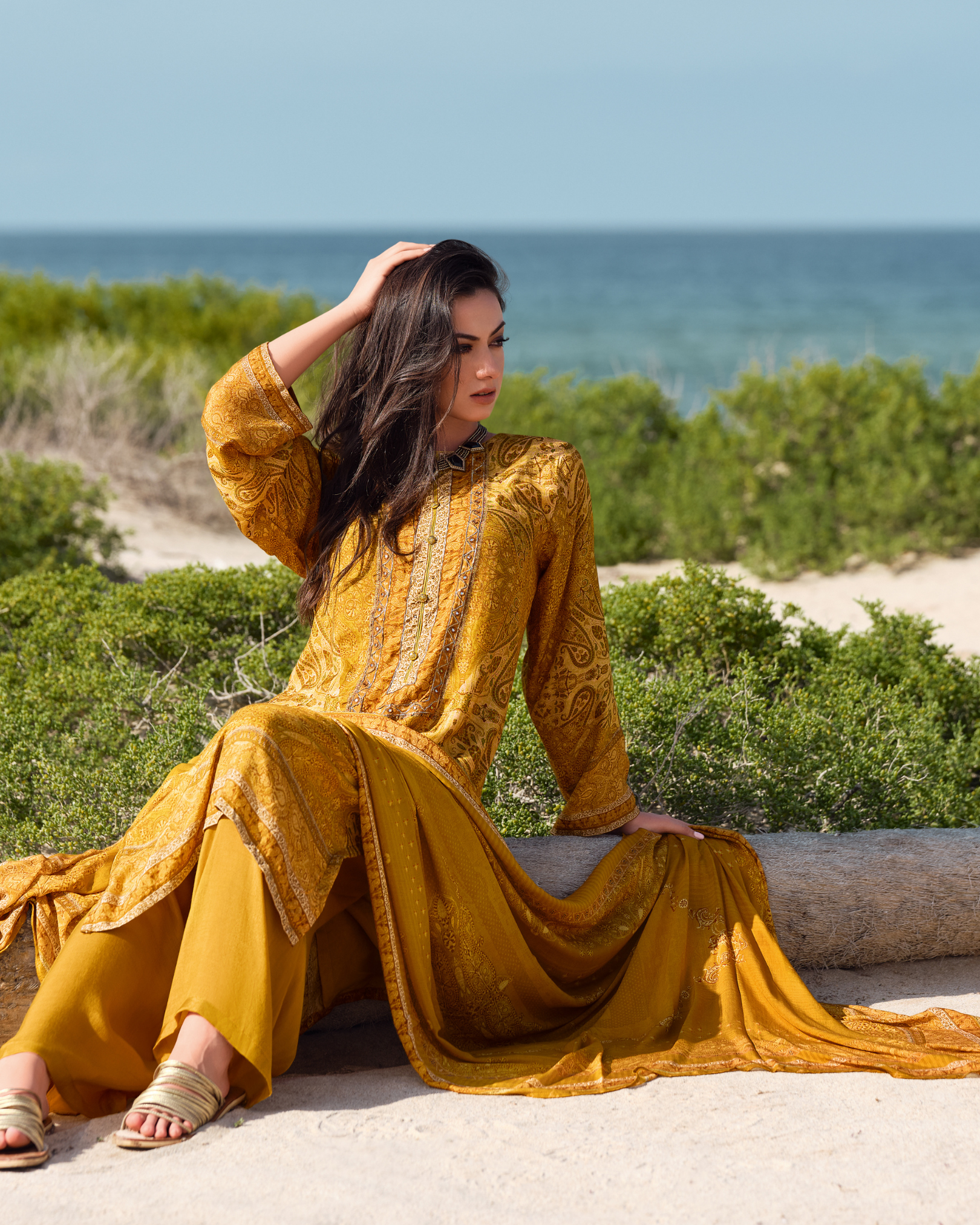 Mustard Printed Crape Salwar Suit