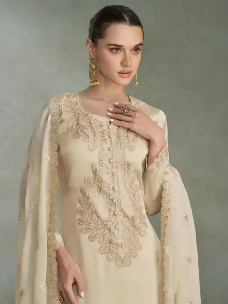 Cream Premium Chinon Silk Embroidered Palazzo Suit With Dupatta