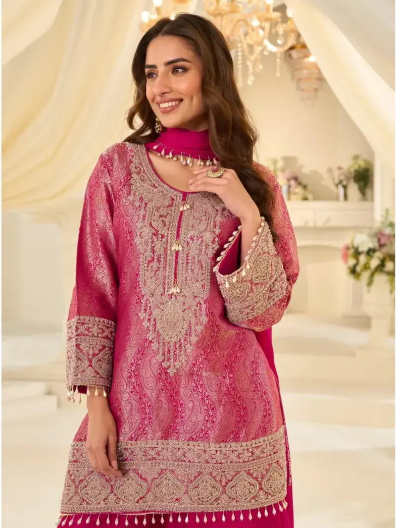 Hot Pink Premium Chinon Silk Embroidered Palazzo Set