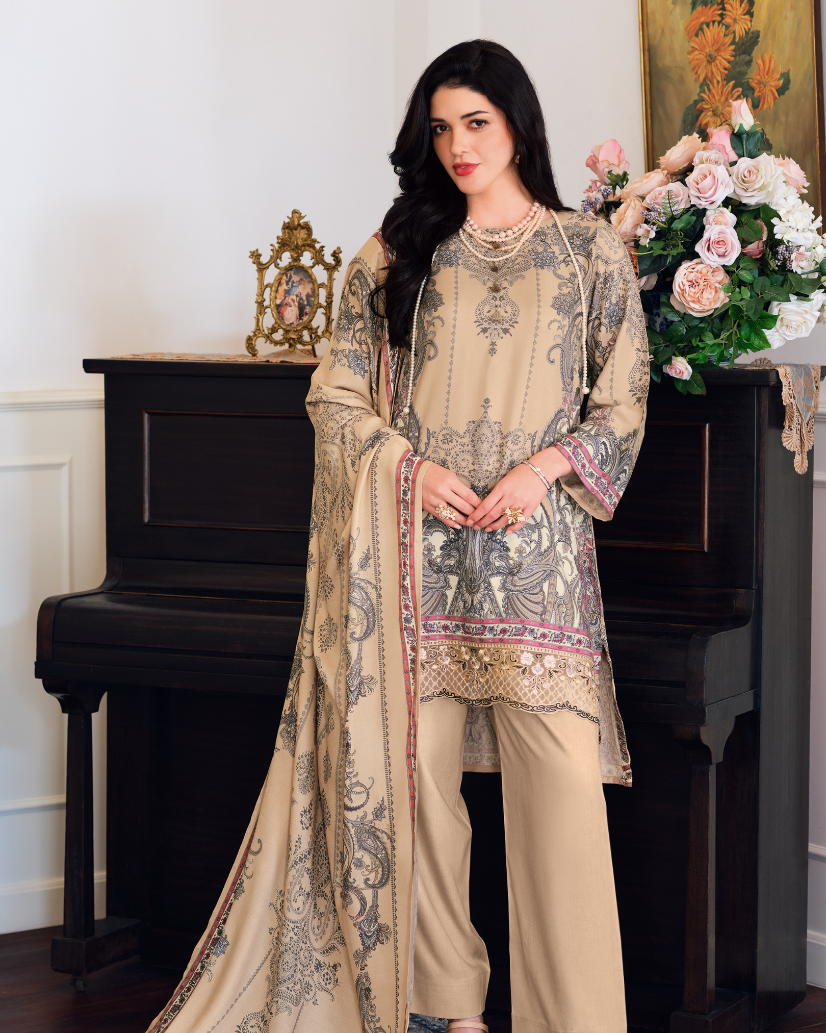 Cream Winter Pashmina Suit