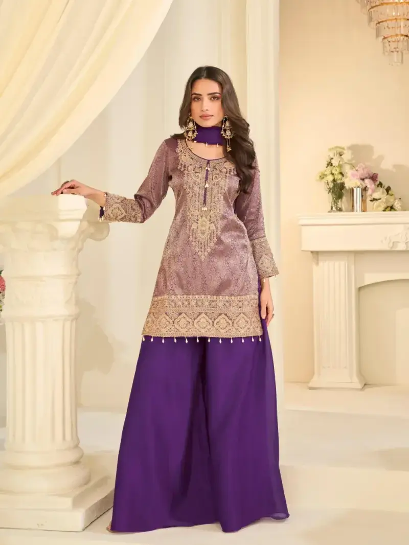 Violet Premium Chinon Silk Embroidered Palazzo Set