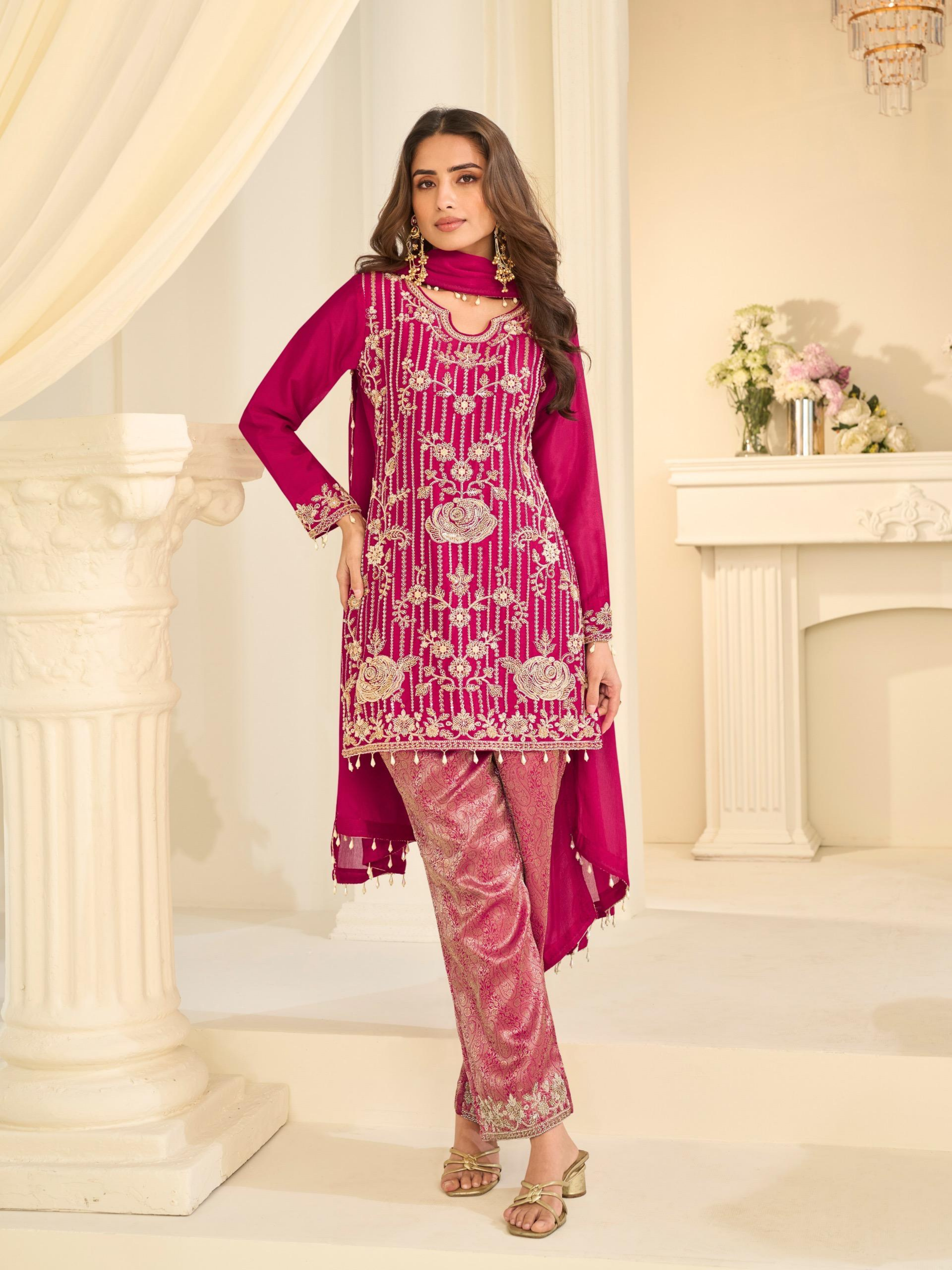Hot Pink Viscose Jacquard Silk Heavy Beads Work Palazzo Suit