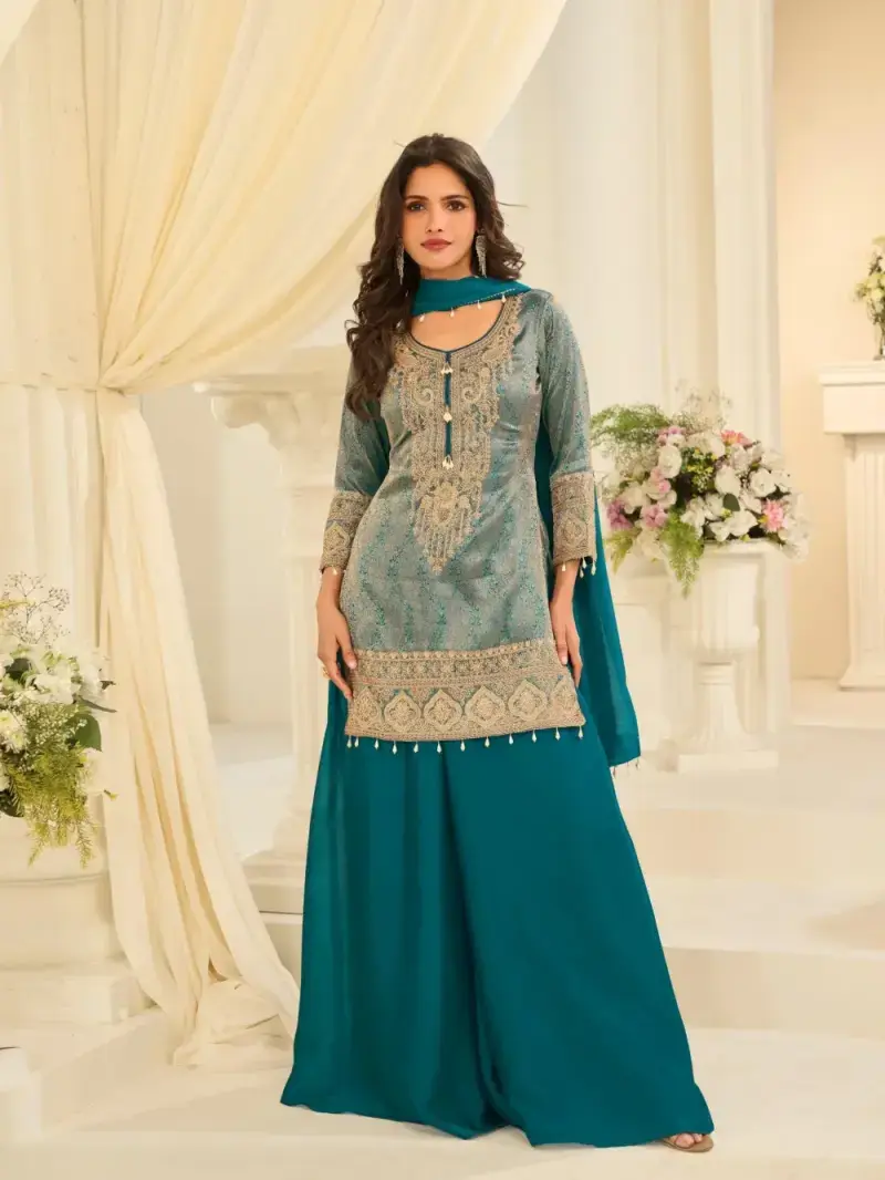 Teal Green Premium Chinon Silk Embroidered Palazzo Set
