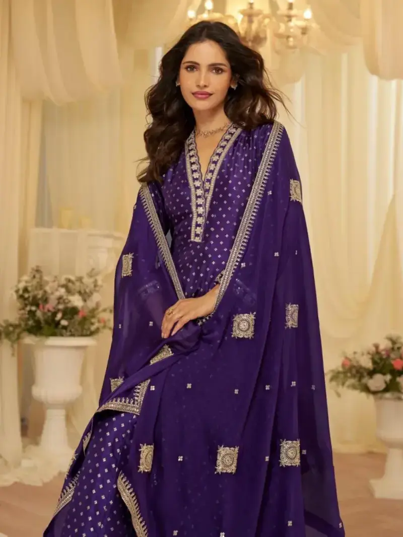 Violet Pure Viscose Jacquard Silk Embroidered Anarkali Gown