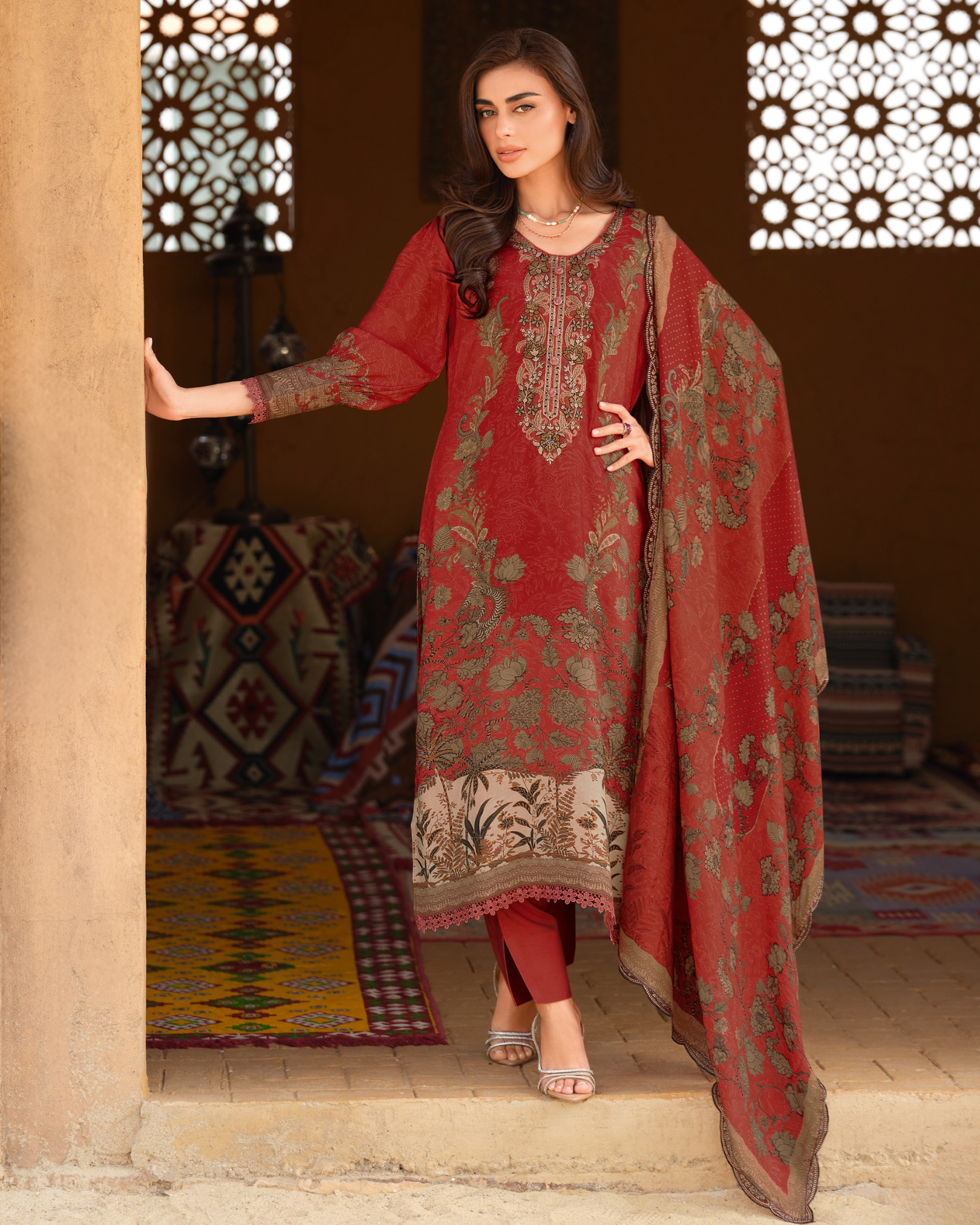 Red Cotton Ladies Suit